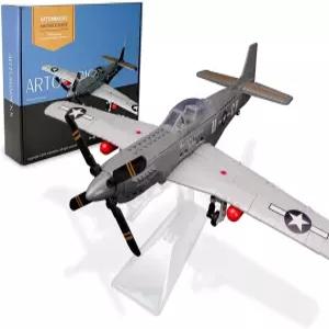 ArtorBricks P-51 머스탱 전투기 군용 건물 세트 디스플레이 스탠드 성인 수집가 및 취미 활동가를 위한
