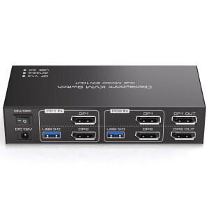 디스플레이포트 KVM 스위치 2 모니터 컴퓨터 2대용 4K@144Hz USB3.0 KVM 스위치 2대, 듀얼 디스플레이 공유 및 데스크톱 컨트롤러를 통한 확장/복사 모드 지원 4대