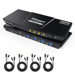 TESmart USB 3.0 HDMI KVM 스위치 1 모니터 4대 컴퓨터 4K@60Hz, L /R 오디오 및 마이크, 포트 EDID 에뮬레이터 4대, 핫키 스위칭, 리모컨 스위치 및 모든 입력 케이블을 사용한 버튼 스위칭