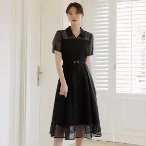 ~XXL까지 에이첼 시스루 벨트 플레어 원피스 하객룩 오피스룩 모임룩 격식룩 빅사이즈1273770