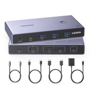 UGREEN USB-C+HDMI KVM 스위치 1 모니터 2 컴퓨터, USB 3.0 포트 4개 포함 4K@60Hz 알루미늄, 노트북 1대, 데스크톱 1대 공유 모니터 키보드 마우스 프린터, HDMI 케이블 +2 타입-C 케이블 1개 포함