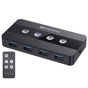 케이블 매터스 4 포트 USB 3.0 스위치 USB 공유 스위치 4 컴퓨터 및 USBA 주변기기 - 버튼 또는 무선 리모컨 전환 - USBC USB4 및 Thunderbolt 4용 USBC 어댑터 포함