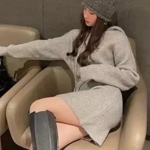 [옷은날개] 여자 후드 골지 니트 롱원피스 데일리룩
