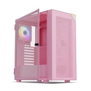 베트루 AL800 미드 타워 ATX PC 컴퓨터 케이스 - 도어 개방 디자인 강화 유리, 조절 가능한 LED 스트립, 후면에 사전 설치된 ARGB 및 PWM FDB 팬, 50 시리즈 GPU 지원 - 핑크