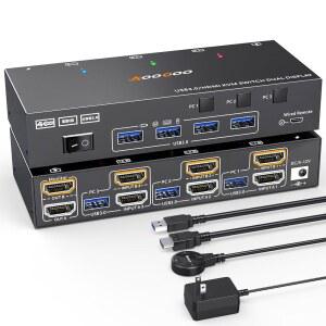 HDMI KVM 스위치 2는 EDID 시뮬레이터, USB 3.0 포트, 유선 리모컨, 전원 어댑터 및 USB 3.0 케이블 3개가 포함된 PC 4K@60Hz /2K@120Hz KVM 스위치 3개를 모니터링합니다
