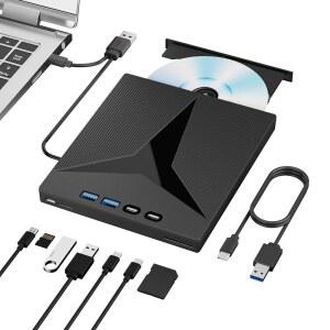 노트북용 외장 CD/DVD 드라이브 7 in 1, PC용 휴대용 외장 CD 드라이브, 노트북 외장 디스크 드라이브용 USB 3.0 & Type-C CD 버너, 데스크탑 윈도우 맥 리눅스용 SD /TF 카드 포함 PC용 CD 리더
