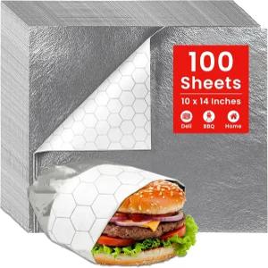 100장 - 호일 뒷면이 있는 샌드위치 포장 종이 시트 부리토 랩 음식 델리 10.5 x 14 인치