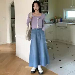 [텐바이텐]여자 봄 가을 뒷밴딩 데미지 롱 데님 스커트
