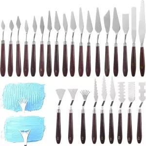 27 PCS 팔레트 나이프 세트 주걱 나무 손잡이가 있는 스테인리스 스틸 도구 색상 혼합 텍스처를 위한