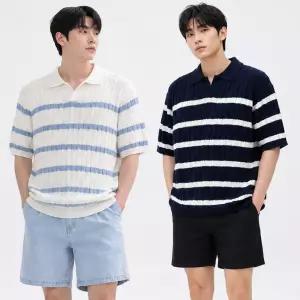 여름 단가라 꽈베기 니트 반팔 카라넥 티셔츠 남성 남자 케이블 스트라이프
