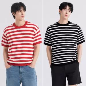여름 스트라이프 니트 라운드 반팔 티셔츠 단가라 남성 남자