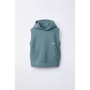 ZARA 텍스트 프린트 플러시 후드 베스트 - 덕 블루