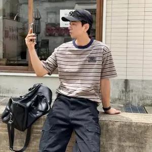 남자 오버핏 반팔티 썬라이즈 자수 링거티 스트라이프 반팔