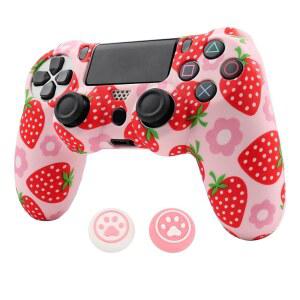 RALAN PS4용 핑크 컨트롤러 스킨, 과일 귀여운 2개 /PS4 그립 엄지 포함 프로텍터 프로 캡 호환 스킨 슬림 실리콘 커버 PS4