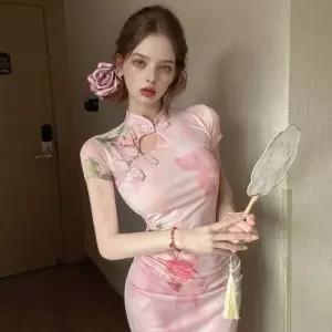 로즈 블러썸 플라워패턴 슬림핏 실루엣 치파오 원피