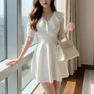 여자 봄 여름 반팔 쉬폰 프릴 브이넥 미니원피스