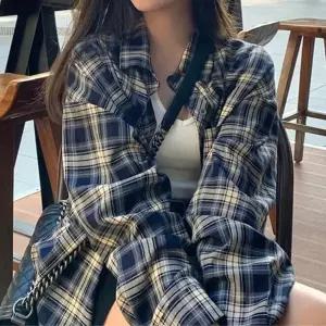 체크남방 여성 오버핏 체크 셔츠 가을 긴팔 여자 남방 네이비
