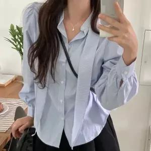 타이블라우스 여성 타이 스트라이프 셔츠 하객룩 블라우스 블루