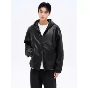 에잇세컨즈 페이크 레더 후드 패딩 점퍼 블랙 레더재킷 페이크레더 42513ZLY1