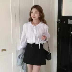 [옷자락] 여성 프릴 카라 레이스 퍼프 소매 셔츠