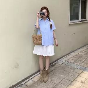 여성 오버사이즈 포켓 카라 일상용 면 반팔 블라우스