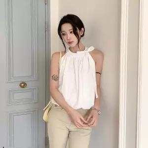 여성 알달데 뒷단추 롱타입 홀터넥 나시 블라우스