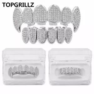 TOPGRILLZ-신제품 핏 실버 도금 CZ 마이크로 포장 상단 및 하단 그릴 세트 로듐 치아 뱀파이어