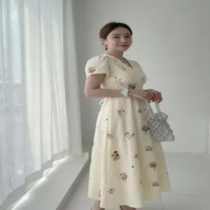 [비아렌느]브이넥 플라워 자수 린넨 롱원피스 데이트 나들이
