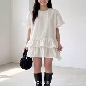 [보니제이]2단 캉캉 미니 원피스 반팔 루즈핏 데이트룩 여름 퓨
