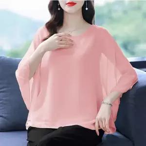 여성 루즈핏 라운드넥 가오리소매 쉬폰 블라우스 빅사이즈 반팔 블라우스 Z01022707