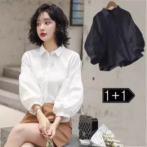 1+1 여성 여름 퍼프 소매 블라우스 패션 루즈핏 7부 소매 셔츠 블랙 화이트