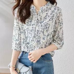 블루 잔꽃무늬 여성 블라우스 여름 얇은 7부 소매 셔츠 블라우스