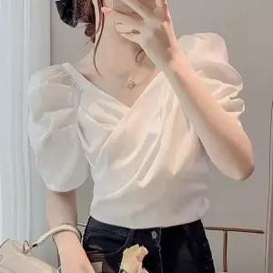 여성 봄 여름 브이넥 슬림핏 퍼프 블라우스 데일리 캐주얼 셔츠 톱