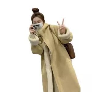 따뜻한 롱무스탕 기모 연노랑 양털 코트 후드 치즈옐로우 S