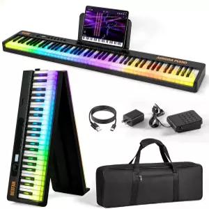 BESFAN 88키 접이식 피아노 키보드 다채로운 조명 USB-MIDI가 포함된 반가중 풀사이즈 휴대용 디지털 내장