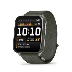 Garmin Venu X1, 얇고 가벼운 GPS 스마트워치, AMOLED 디스플레이, 고급 건강 및 피트니스 기능, 티타늄 케이스백이 장착된 모스 및 모스 컴포트핏 나일론 밴드