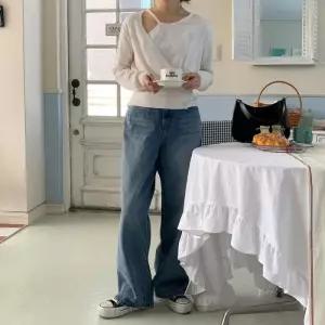 [옷자락]여성용 워싱 처리된 통 넓은 배기 진