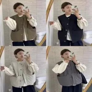 EAMT 면 여사친 캐주얼 조끼 솔리드 라운드 싱글 빅 포켓 패딩 민소매 EUNG1
