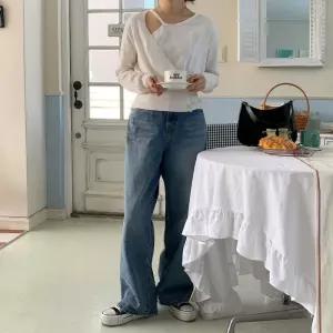 [옷자락] 여성용 워싱 처리된 통 넓은 배기 진