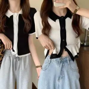 골지 카라 브이넥 반팔 가디건 스타일 크롭티 봄 여름 귀여운 데일리 반팔티 대학생룩 여름