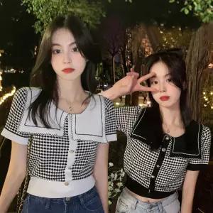 마린카라 사각 체크 진주단추 반팔 크롭 니트티 여름까지 입는 귀여운 미니 정장 하객룩