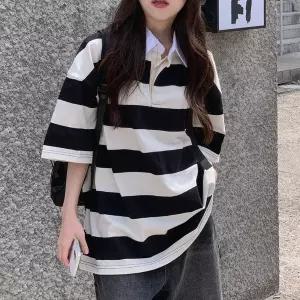 [드레스날다]라스 배색 오버핏 빅단가라 럭비 카라 티셔츠