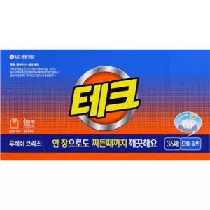 LG생활건강 테크 간편시트 후레쉬 브리즈 36매 2개 간편한 세탁