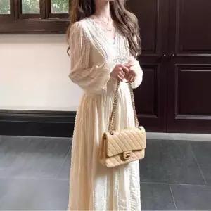 원피스 스커트 롱 여성용 가을 빈티지 예쁜 쉬폰 브이넥 긴팔 프렌치 슬림핏 A라인 SPO마켓3
