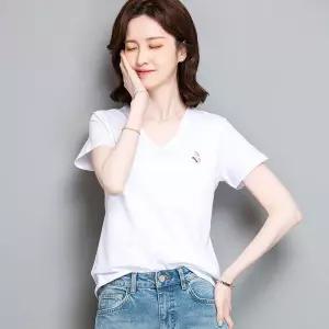 여성 여름 트렌드 브이넥 맨투맨 반팔 브이넥티 티셔츠 상의 순면 자수 CH2