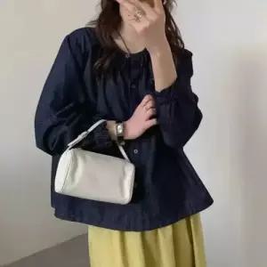 데님 여성용 캐주얼 봄 긴팔 무지데님 싱글 상의 슬림핏 라운드 셔츠 KS1