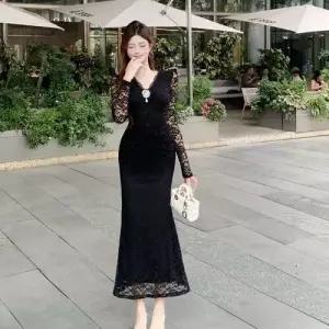 마킷4 여친 원피스 스커트 롱 검정 레이스원피스 슬림 머메이드 브이넥 레이스 JEN1