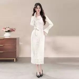 마킷4 여친 원피스 롱 분홍 브이넥 프렌치 레이스원피스 큐빅 레이스 JEN1