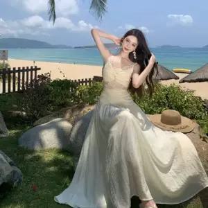 마킷4 여친 원피스 여름 레이스원피스 레이스 롱스커트 나시 프렌치 브이넥 펀칭 JEN2