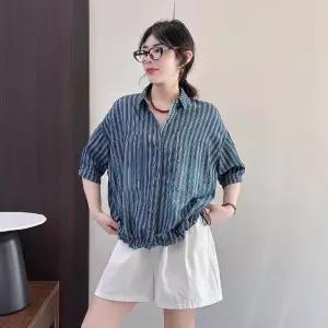 EAMT 여성용 면 여름 반팔 상의 카디건 스트라이프 밑단 셔츠 칼라 싱글 스트링 EUNG2